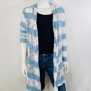 Retro Threads Cardigan Sweater Womens Large Blue White Open Knit Long Sleeves